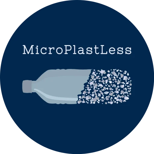 MicroPlastLess logo with a plastic bottle dissolving into microplastic particles