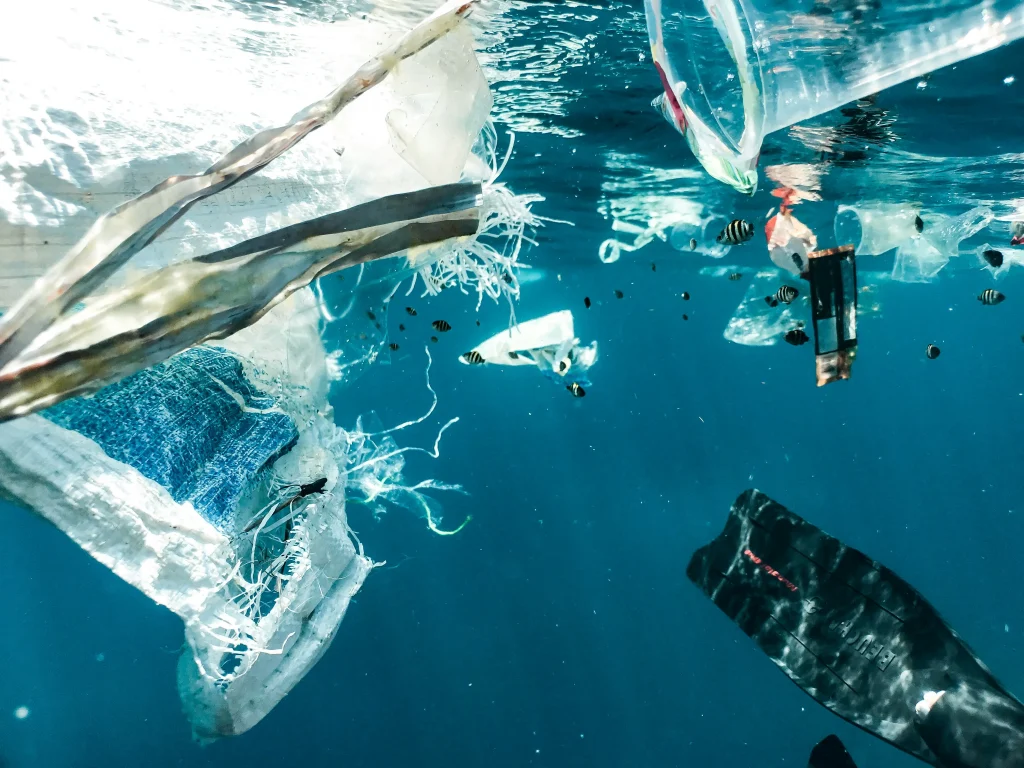 Plastic waste and small debris floating underwater, showing ocean pollution and the impact of microplastics on marine ecosystems.